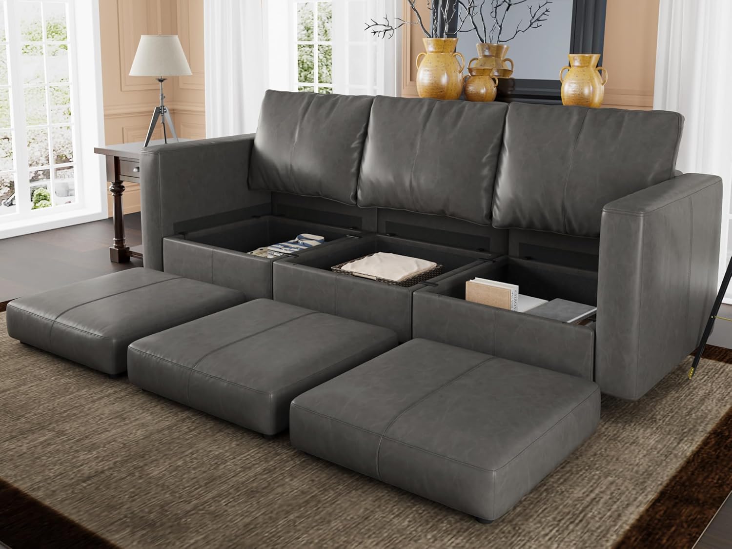 Modular sofa with storage compartments open