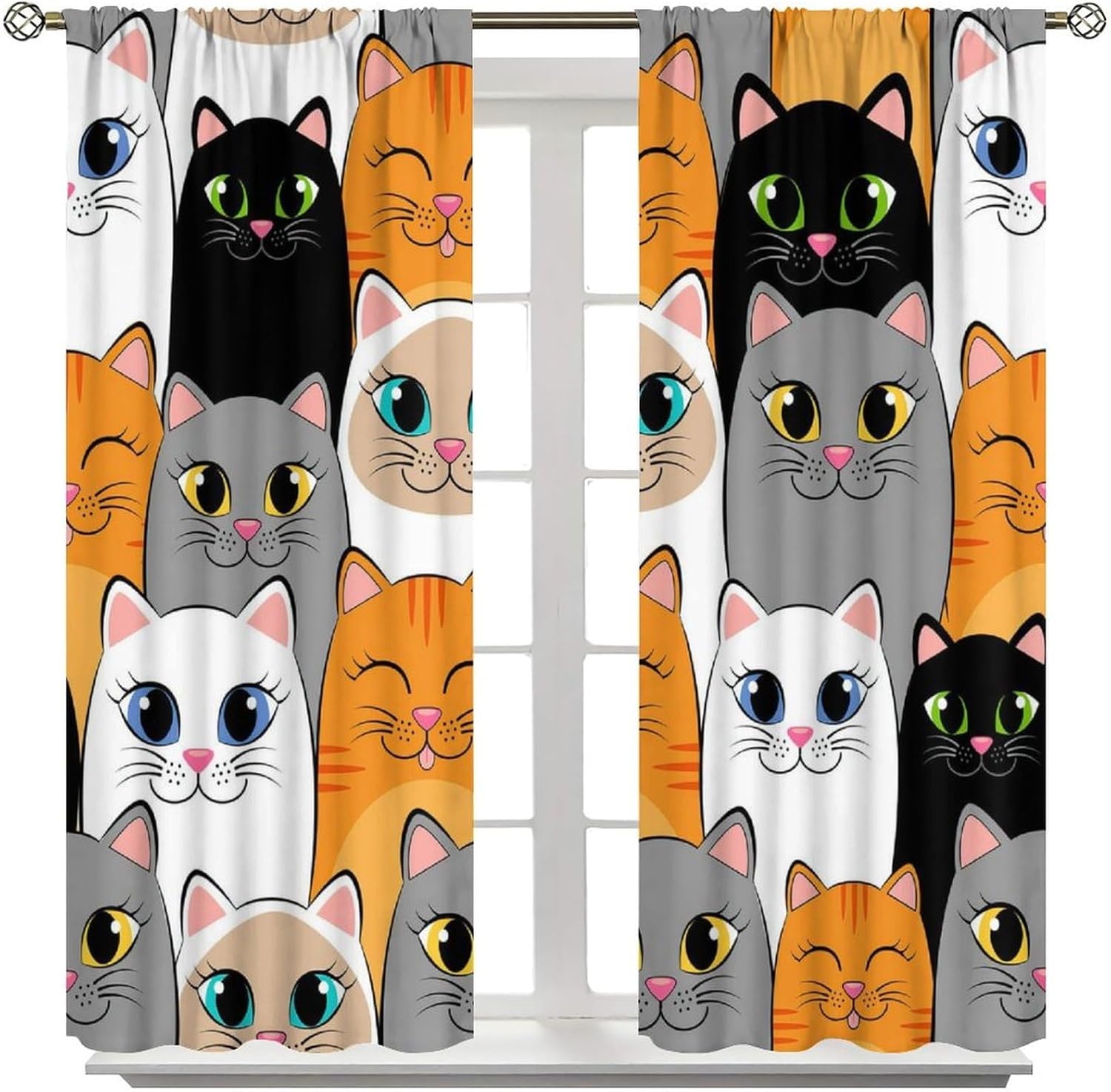 Cartoon Cute Cat Blackout Curtains, Animal Cat Rod Pocket Pattern Window Drapes, for Kids Boys Girls Living Room Bedroom 42" W X 45" L