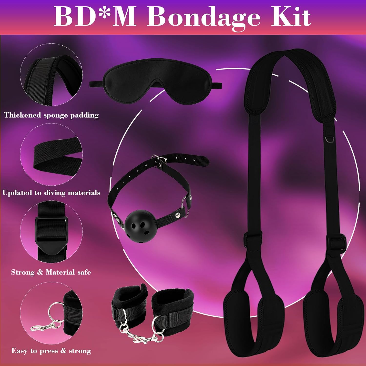Sex Bondage Kit- 4 Pcs BDSM Restraints Set with Adjustable Ankle, Ball Gags Handcuffs, Cuffs Blindfold Extend Long Sex Sling Leg Straps, Sex Toys Easy Use Portable for Women SM Beginner Play Games