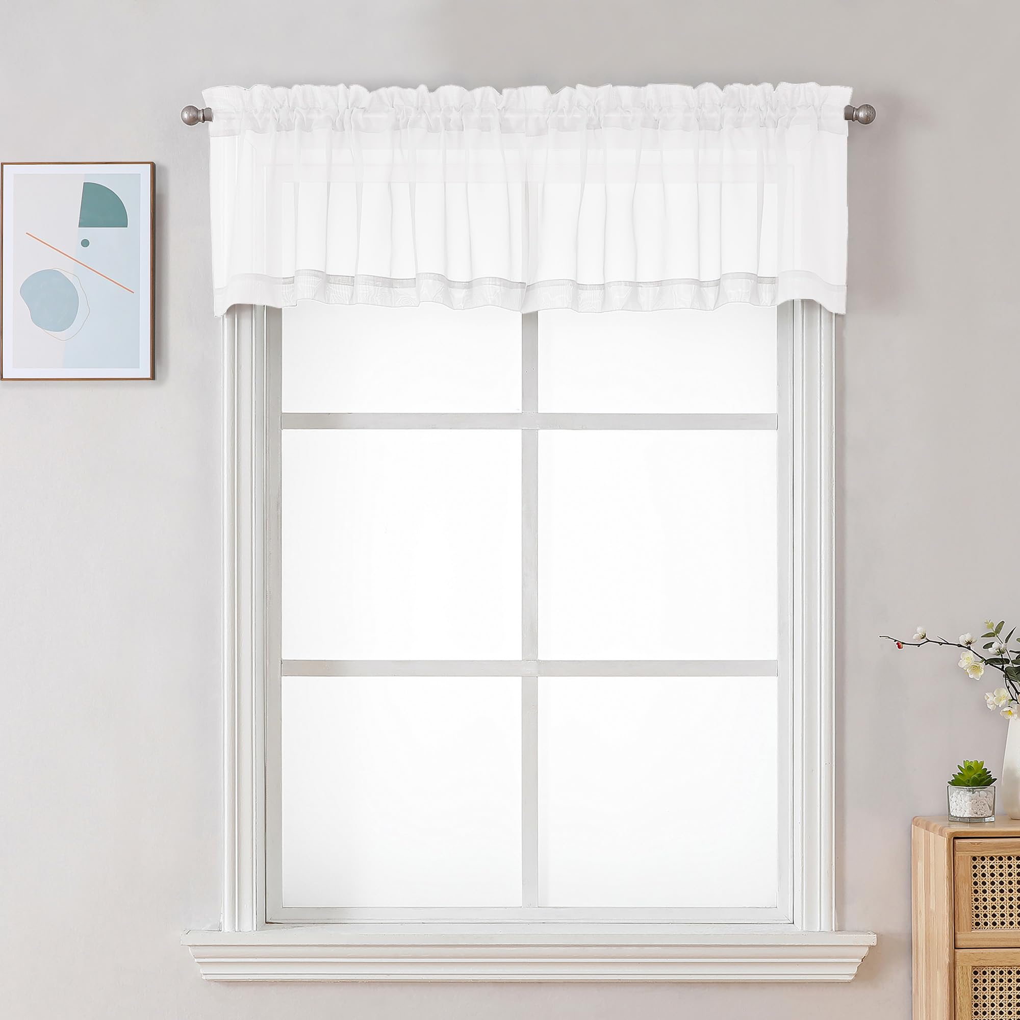 Chyhomenyc Sheer Valances for Windows, Light Filtering Small Window Curtains for Living Room Bathroom Cafe Laundry Basement, Modern Top Dual Rod Pocket Voile Curtain, 59Wx14L inches, White, 2 Pieces