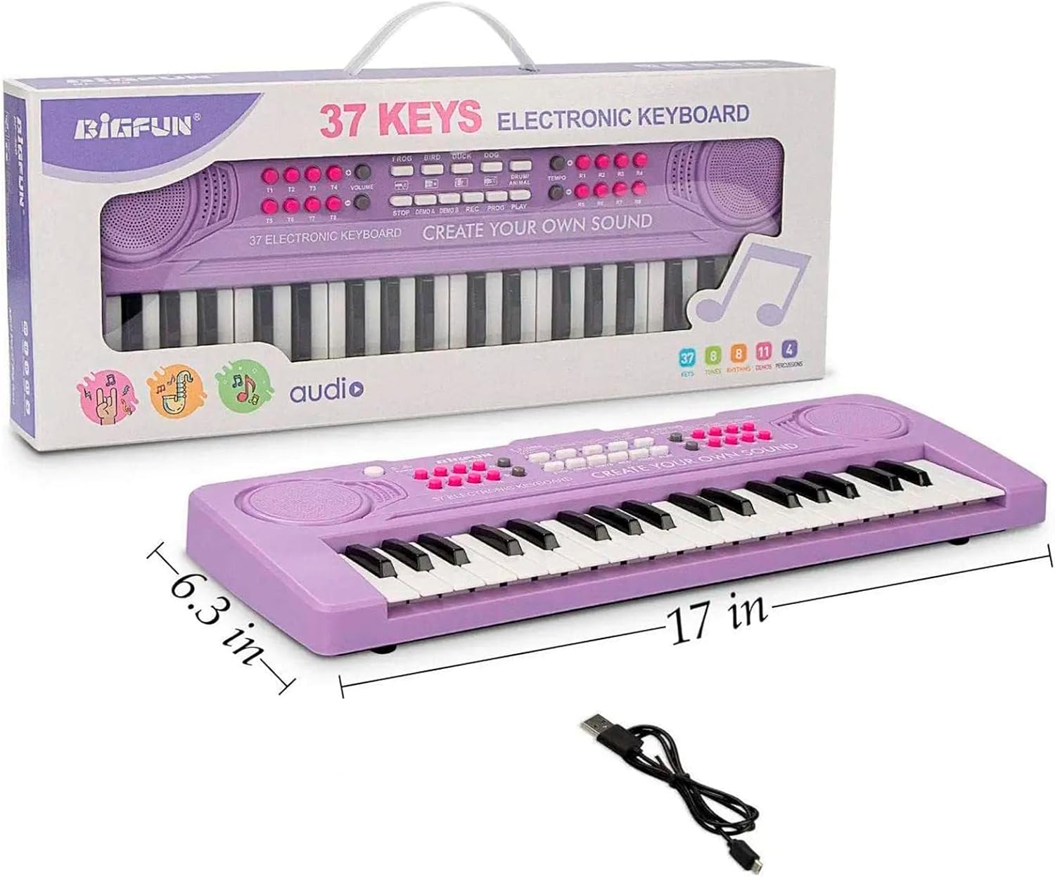 BIGFUN 37-Key Electronic Keyboard with dimensions labeled