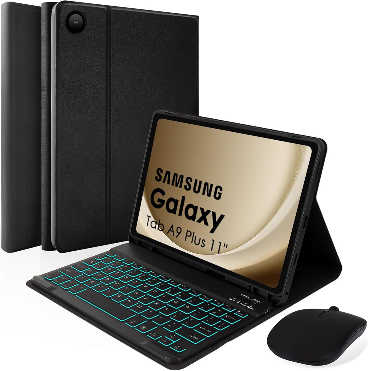 LAMA Backlit Keyboard Case with Mouse for Samsung Galaxy Tab A9 Plus/A9+ 11 Inch 2023 Model(SM-X210/X216/X218), Slim Stand Cover with Magnetically Detachable Wireless Bluetooth Keyboard, Black