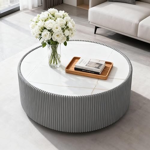 Miniatura 59 de Mesa auxiliar redonda moderna, mesa auxiliar de sofá de mármol sintético con base cubierta de cuero sintético en forma de cuenco, mesa auxiliar