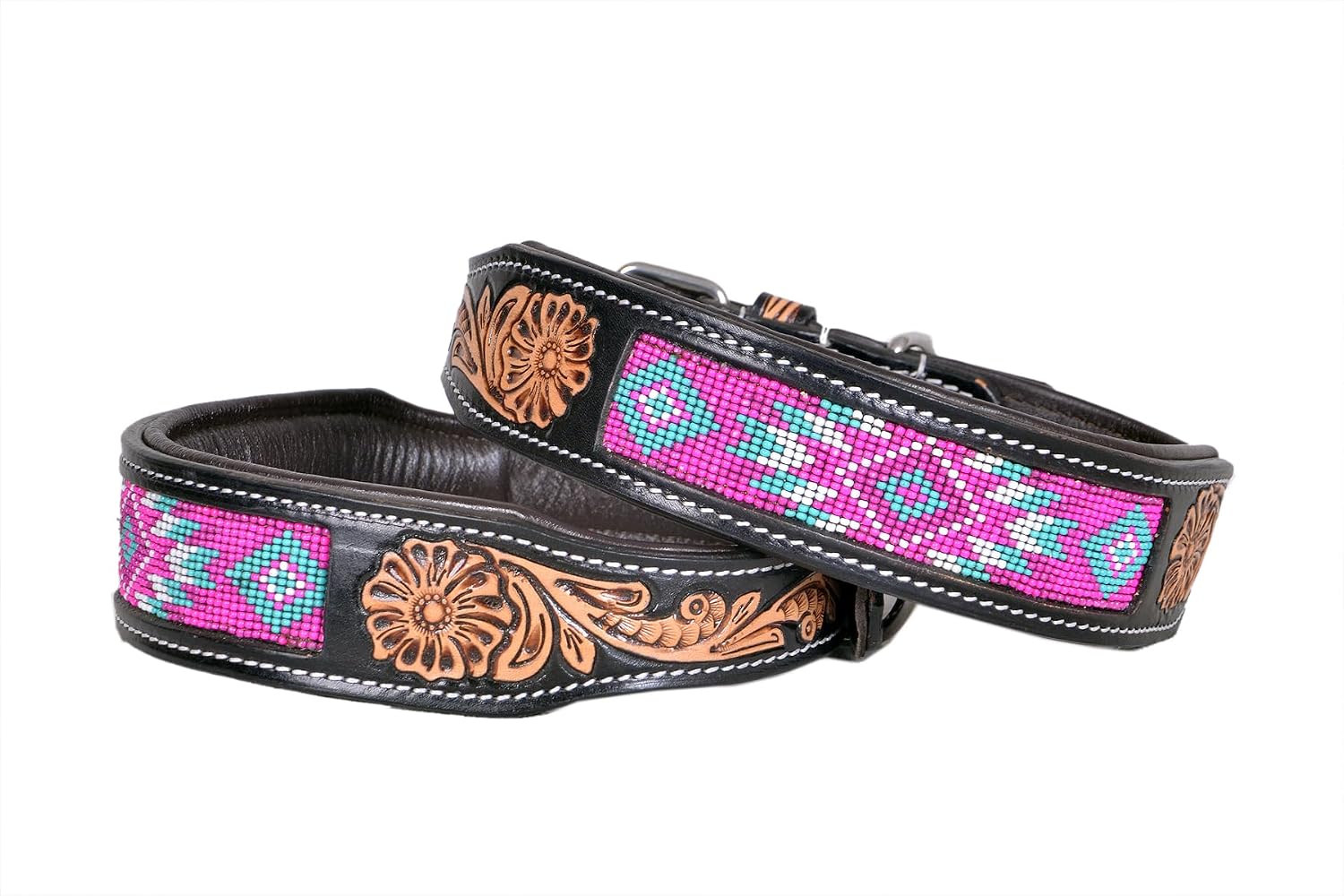 Leather Dog Collar Medium Size Western Style Heavy Duty Hand Tooled Adjustable Beaded and Padded Soft for Puppies and Big Dogs 10IS004-M