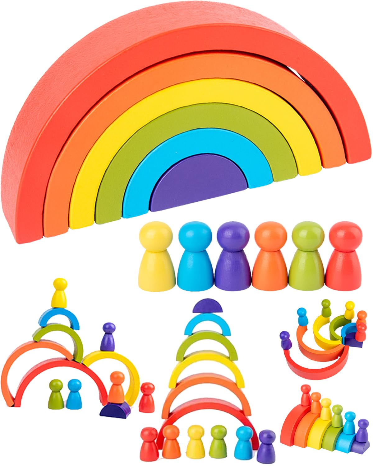 Onikiz Wooden Rainbow Stacker Toys, Montessori Baby Sensory Stacking Toys Building Blocks Toddlers Early Educational Puzzle Toys Gifts for Ages 3 4 5 Boys and Girls
