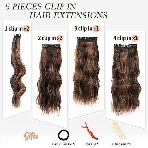 Miniatura 3 de NAYOO Extensiones de cabello con clip para mujer, 20 pulgadas de largo, ondulado, rizado, mezcla de castaño oscuro, extensiones de cabello sintético