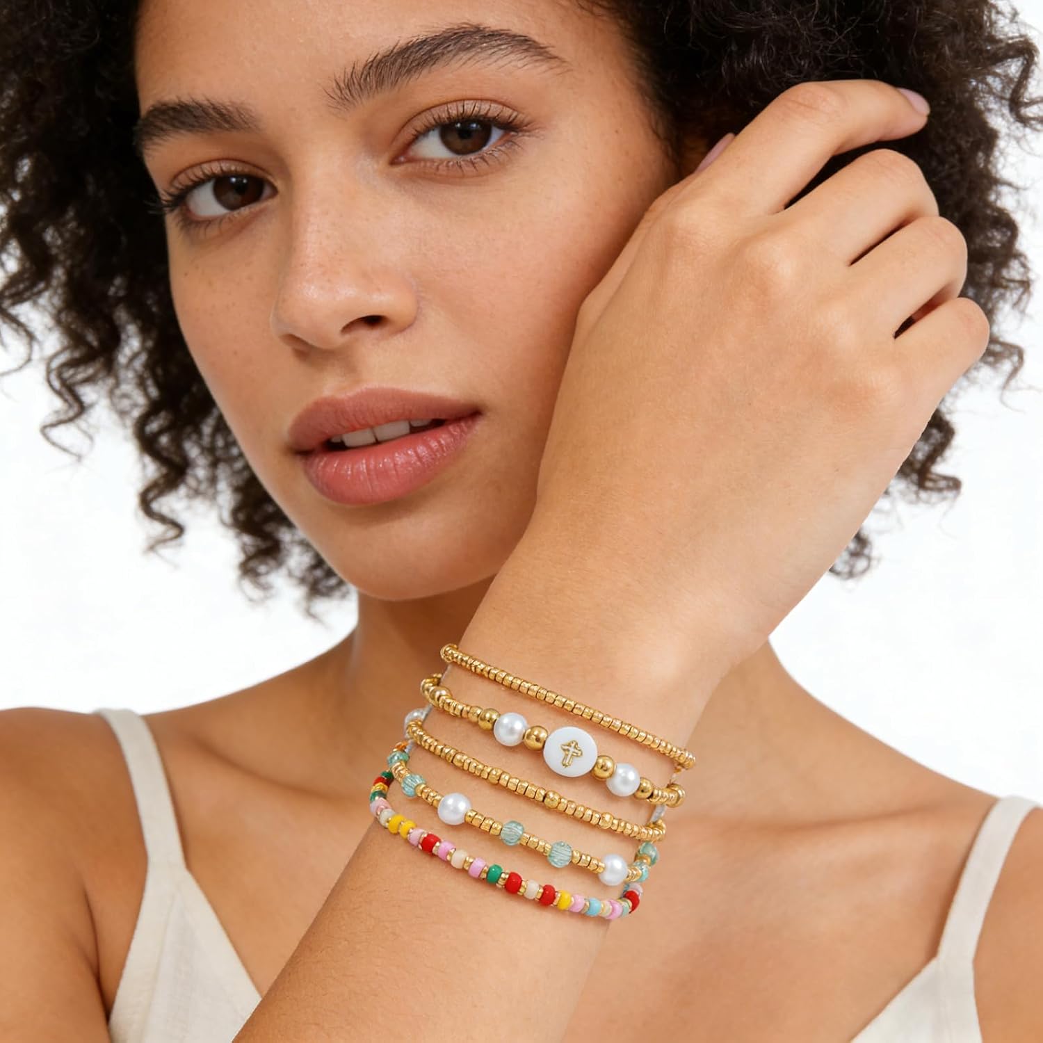 Dainty Gold Plated Pearl Crystal Beaded Bracelets Set for Women 14K Gold Plated Bead Pearl Beads Bracelet Stackable Paperclip Link Chain Bracelets Gold Plated Bracelets for Women Trendy Jewelry