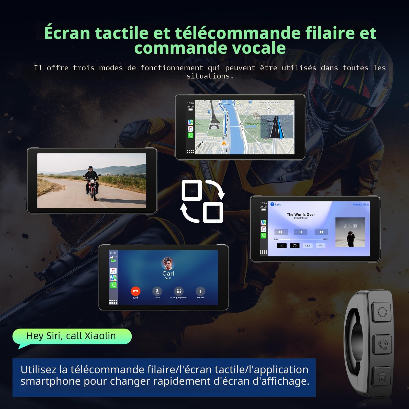 Volam Ecran Carplay Moto, Portable sans Fil Carplay et Android Auto pour Moto avec 2K+1080P Caméra Tableau Bord Avant et Arrière,5,5 Pouces écran Tactile, Navigation, Siri/G-oogle, APP, Carte 64TF