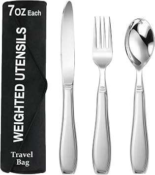Weighted Utensils for Hand Tremors and Parkinsons Patients-Adaptive Utensils-3 Piece Set Weighted Silverware for Elderly, Arthritis, Weak Hand Grip.Gifts for Parkinsons Patients