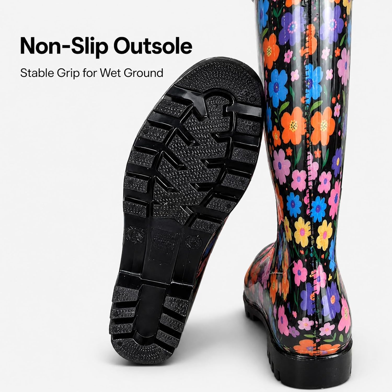 YAAMOO Women’s Tall PVC Rain Boots – Waterproof Non-Slip Garden Boots for Ladies, Lightweight Floral & Print Rubber Shoes