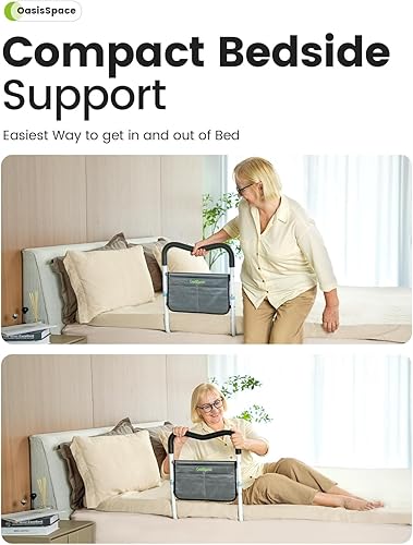 Miniatura 7 de OasisSpace Barandilla de cama para personas mayores, barra de asistencia de cama médica con bolsillo de almacenamiento y prevención de caídas, barra