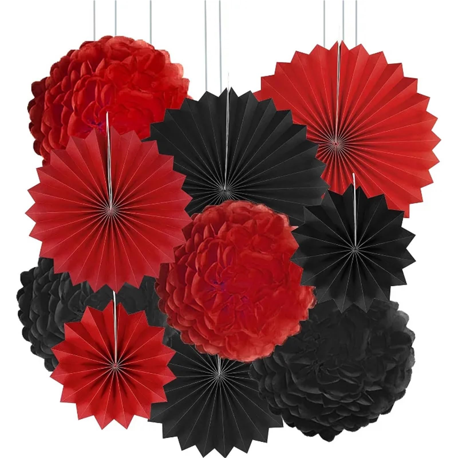 Paper Pompom 10Pcs White Paper Pom-poms Fans Flowers Hanging Decoration for Birthday Wedding Party Photo Booth Supply(Red Black)
