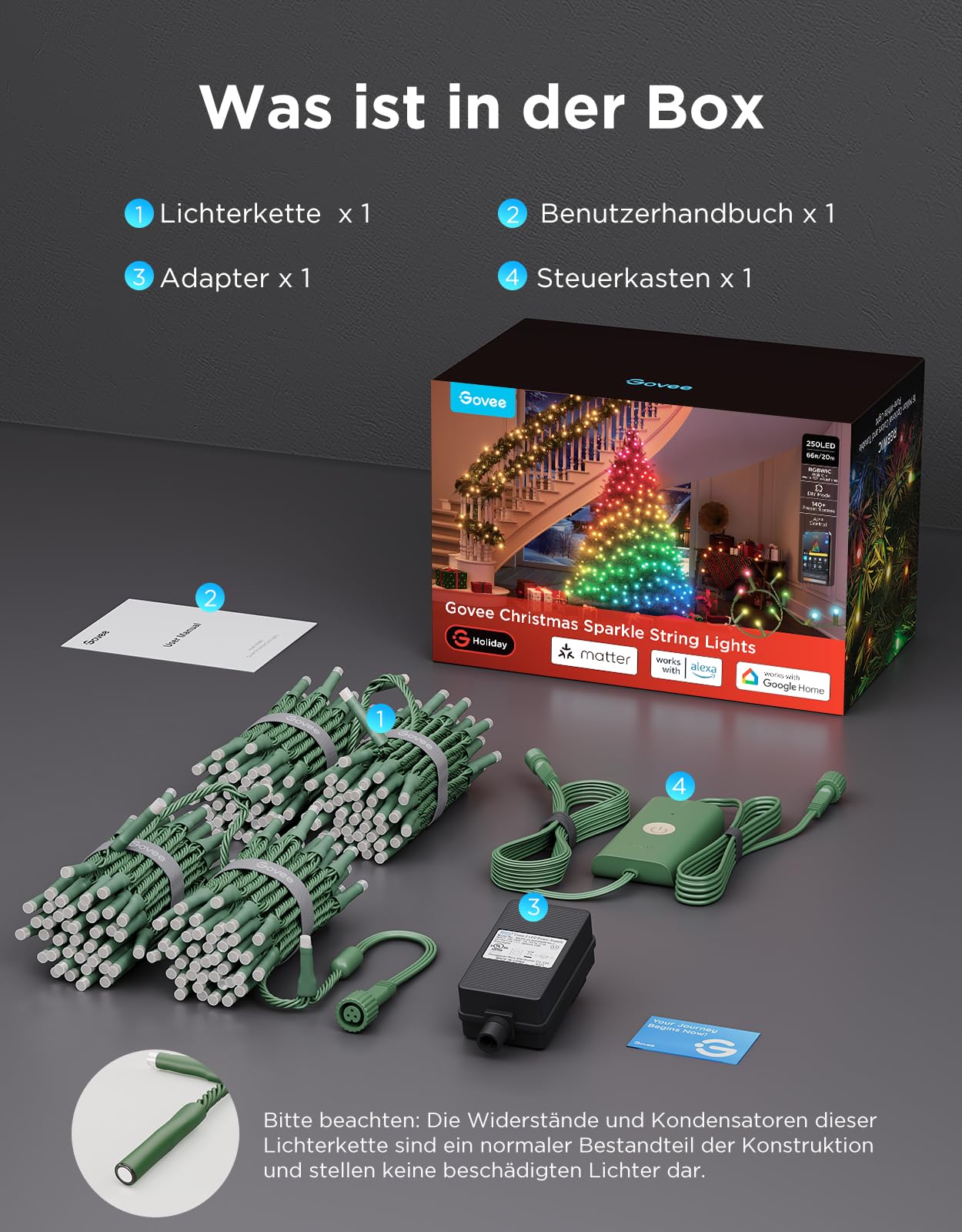 Govee Christmas Sparkle String Lights, Weihnachten Lichterkette für Innenräume, 20M RGBWIC-Leuchten mit 250 LEDs, 140+ Dynamische Szenenmodi für Weihnachtsdekorationen, APP-Steuerung mit Alexa