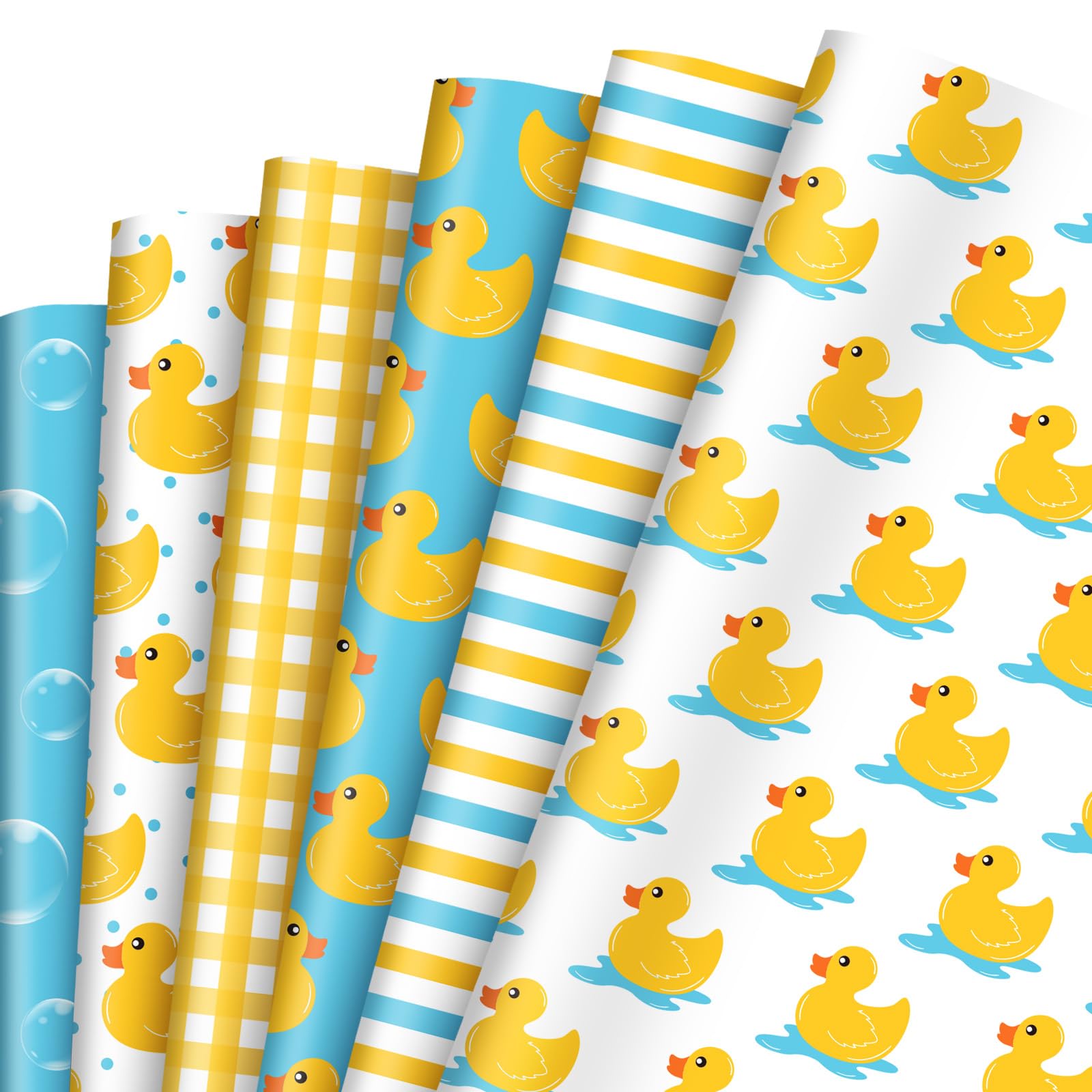 FYSUIMU 12 Sheets Rubber Duck Wrapping Paper - Not Roll - Yellow Blue Bubble Plaid Stripe Gift Wrap Paper Folded Flat for DIY Crafts Birthday Baby Shower, 19.7 x 27.6 Inch