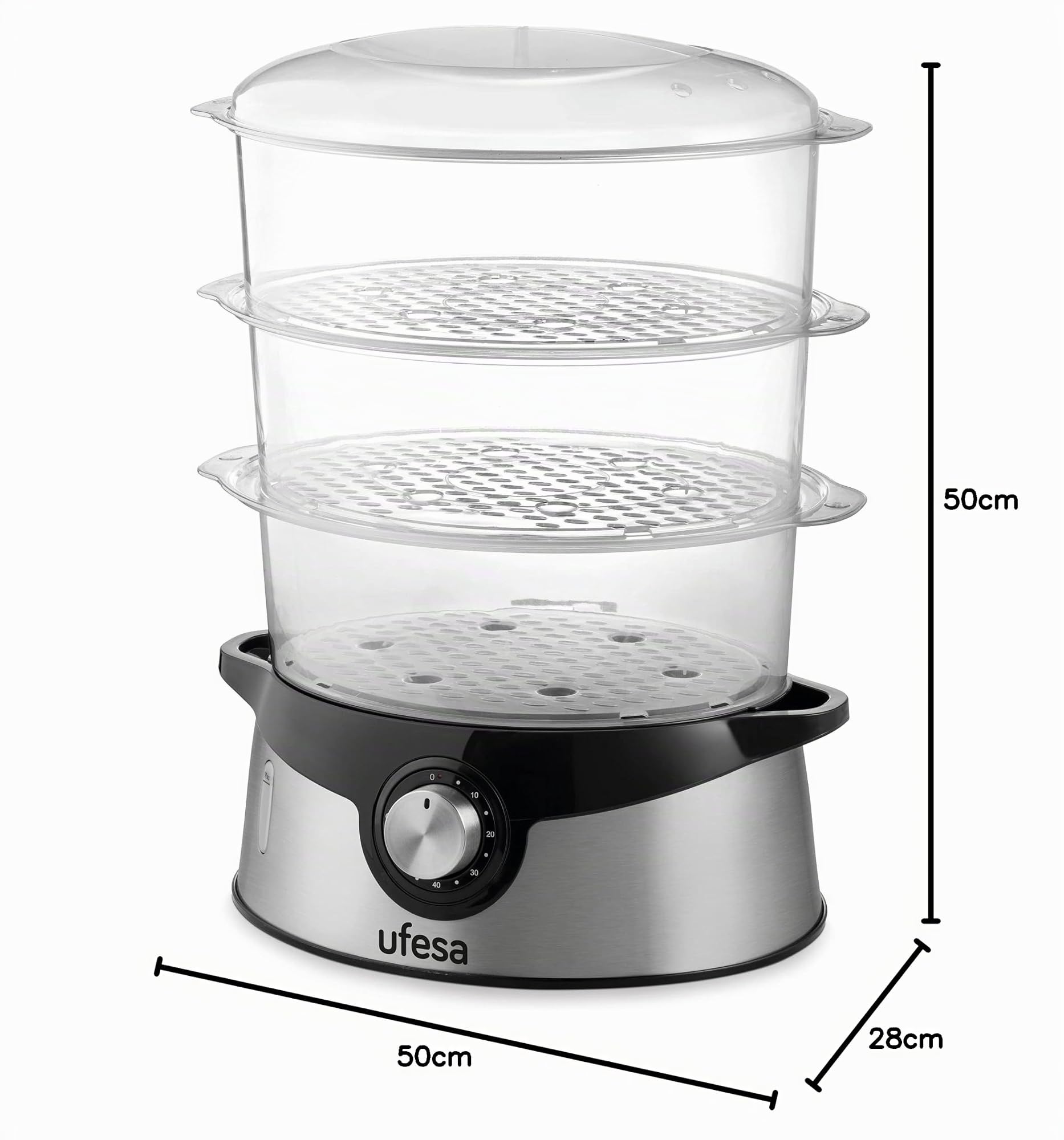 Ufesa CV4000 Cuiseur Vapeur 800W, 3 Plateaux Empilables, Capacité 9L, Minuterie de 60min, Inclus Bol de Riz de 1L, Sans BPA, Inox