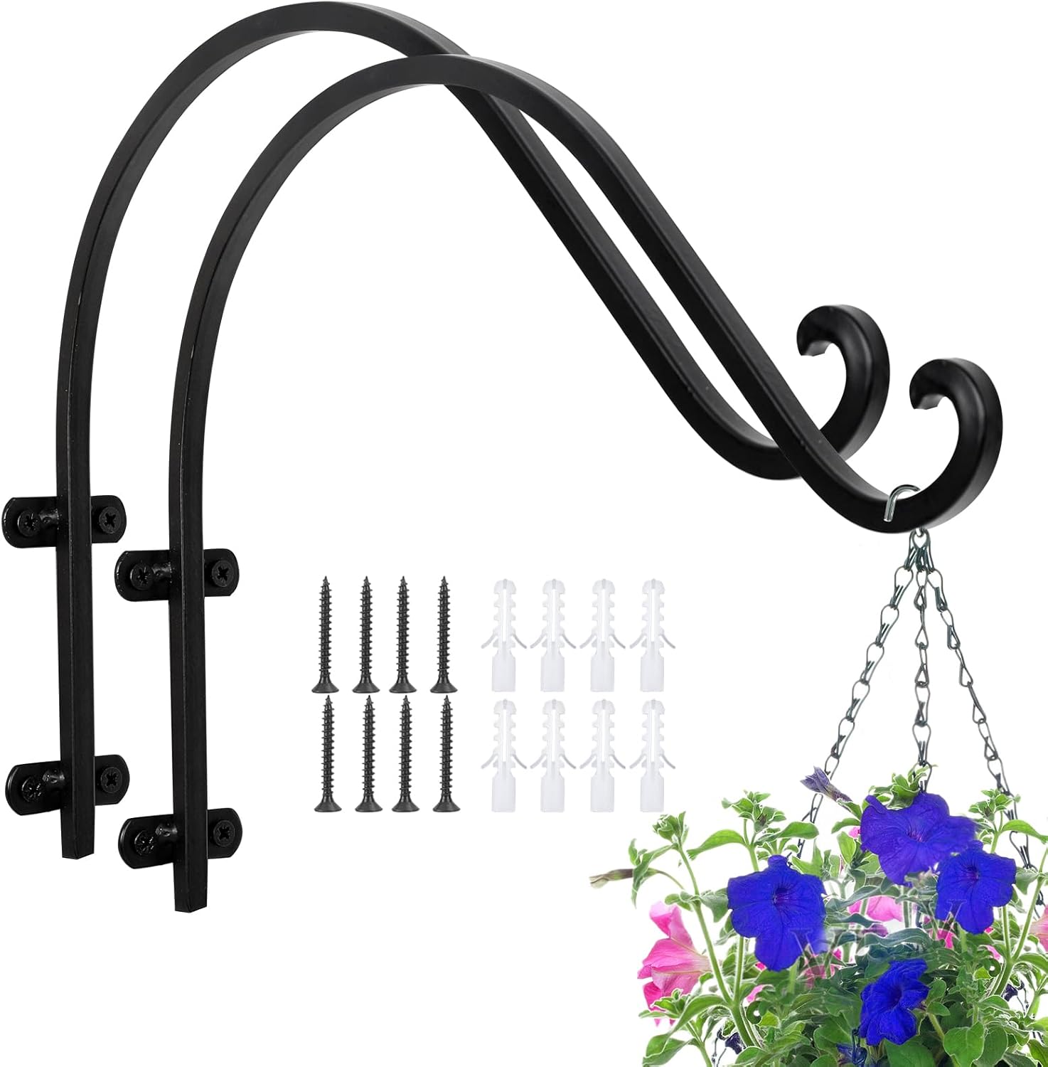 2 Pack 16 Inch Hanging Plant Brackets, Heavy Duty Outdoor Plant Hangers, Black Iron Steel Wall Hangers for Hanging Flower Basket, Bird Feeders, Lanterns, Wind Chimes