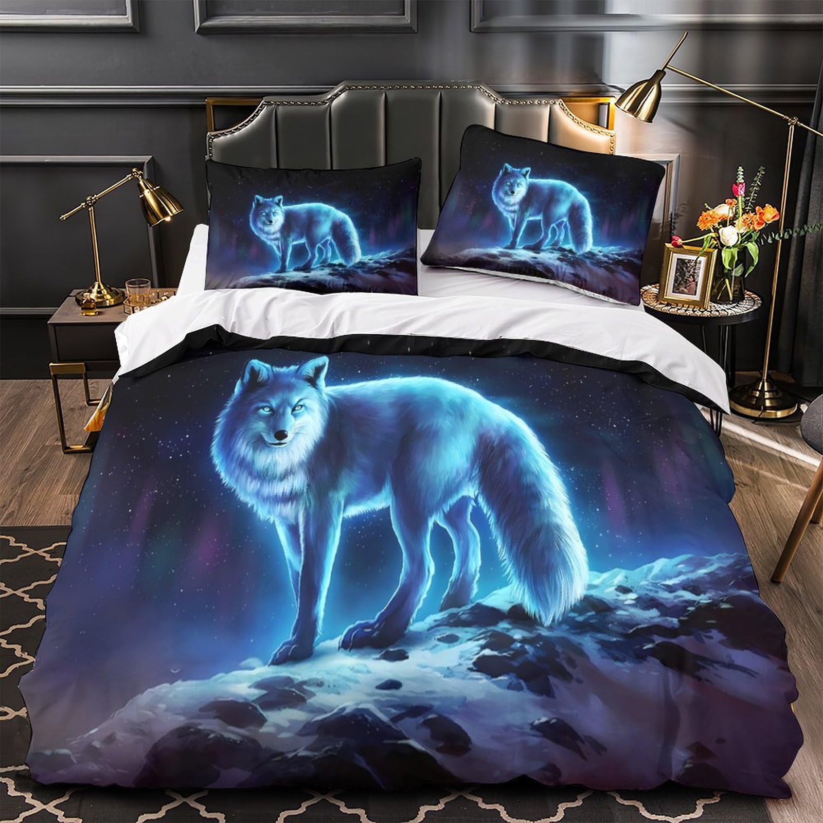 Parure de lit loup arctique pour chambre style nature et scène de nuit fantastique