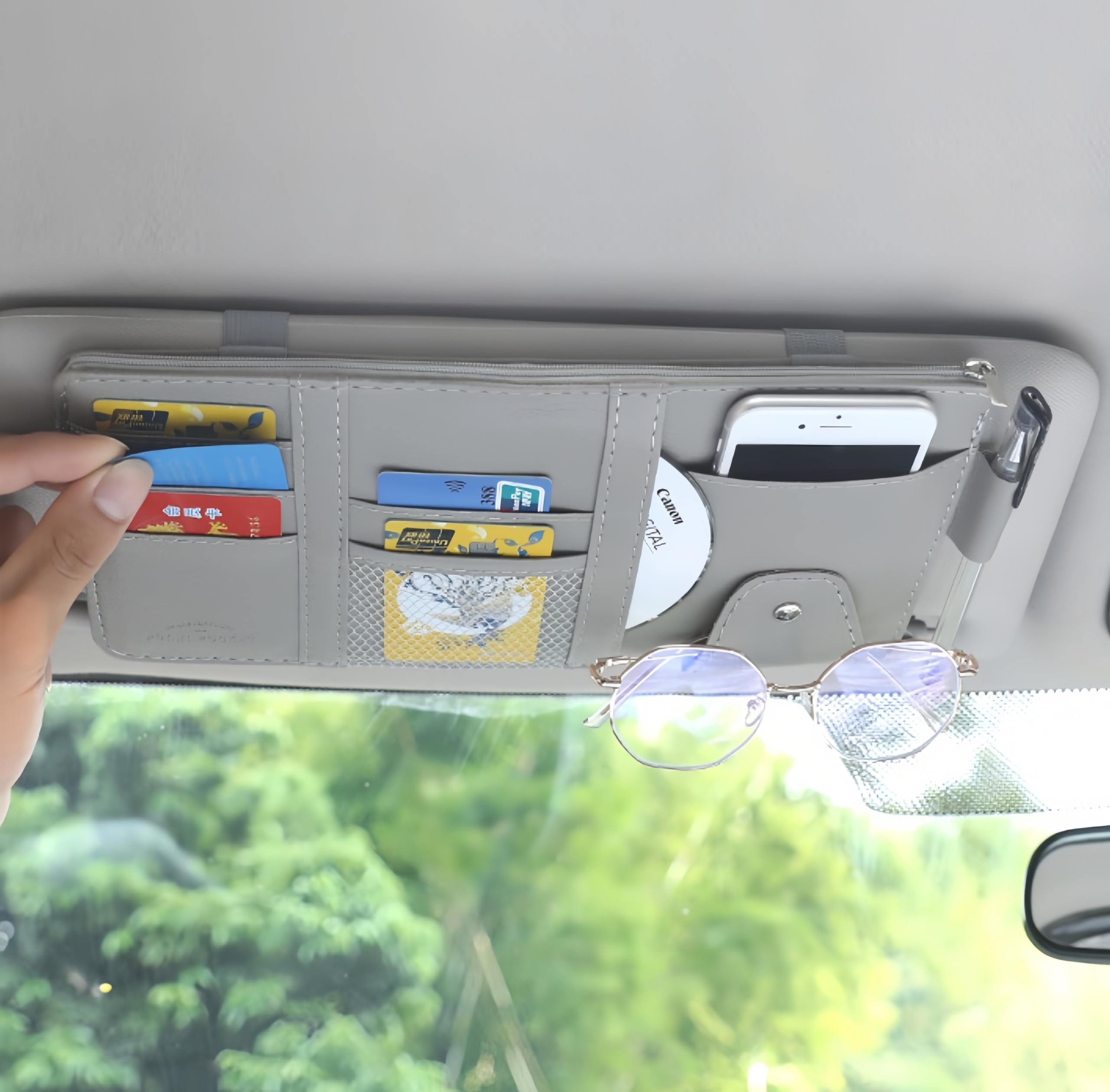 Generic Car Sun Visor Organizer, PU Leather Auto Visor Pocket, Interior Accessories Organizer with Multi-Pocket and Glasses Holder, for Car, Truck, SUV, etc., grey, TB001