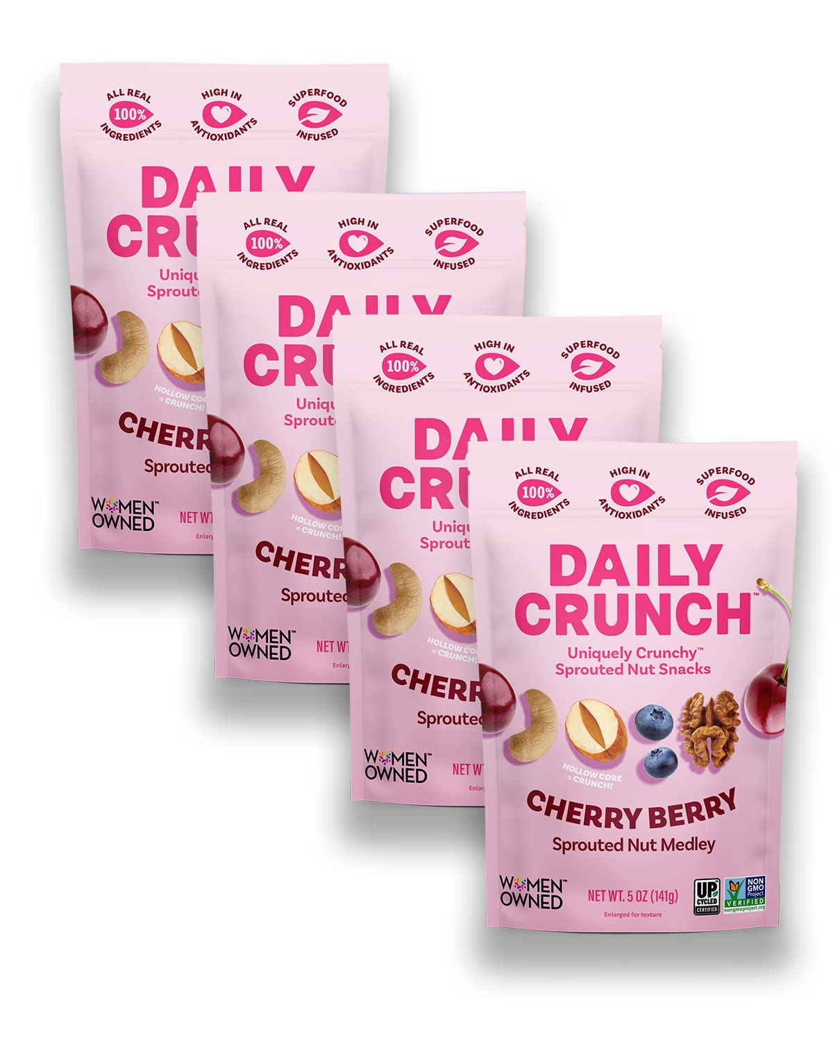 Daily Crunch Sprouted Almonds, 5 Ounce Resealable Bags (Cherry Berry, 4 Pack) Packaging May Vary – Sprouted and Dehydrated for a Unique Crunch, Keto Friendly, Non-GMO, Salt Free, Vegan, Healthy Snack