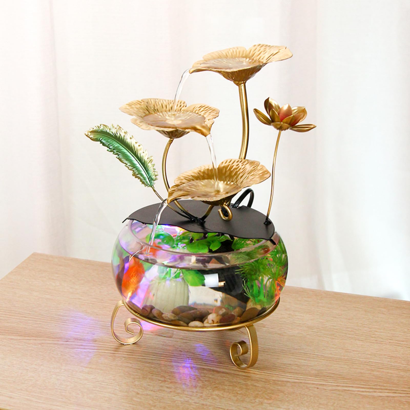 Fontaine à eau en forme de fleur de lotus dorée avec lumières LED et aquarium, décoration de table élégante pour la maison et le bureau, cascade intérieure relaxante pour ambiance de bureau