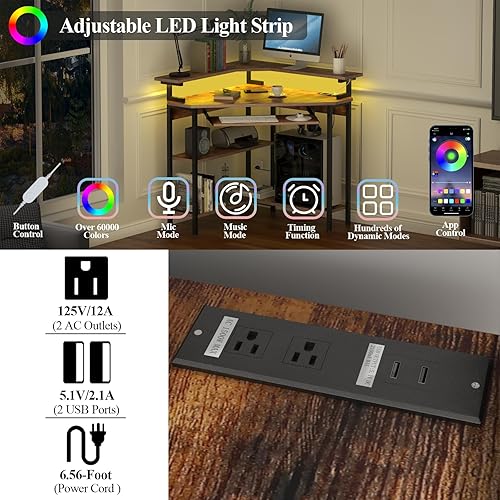 Miniatura 4 de Escritorio esquinero con estación de carga y luz LED, escritorio de esquina triangular con soporte para monitor y bandeja para teclado para espacio