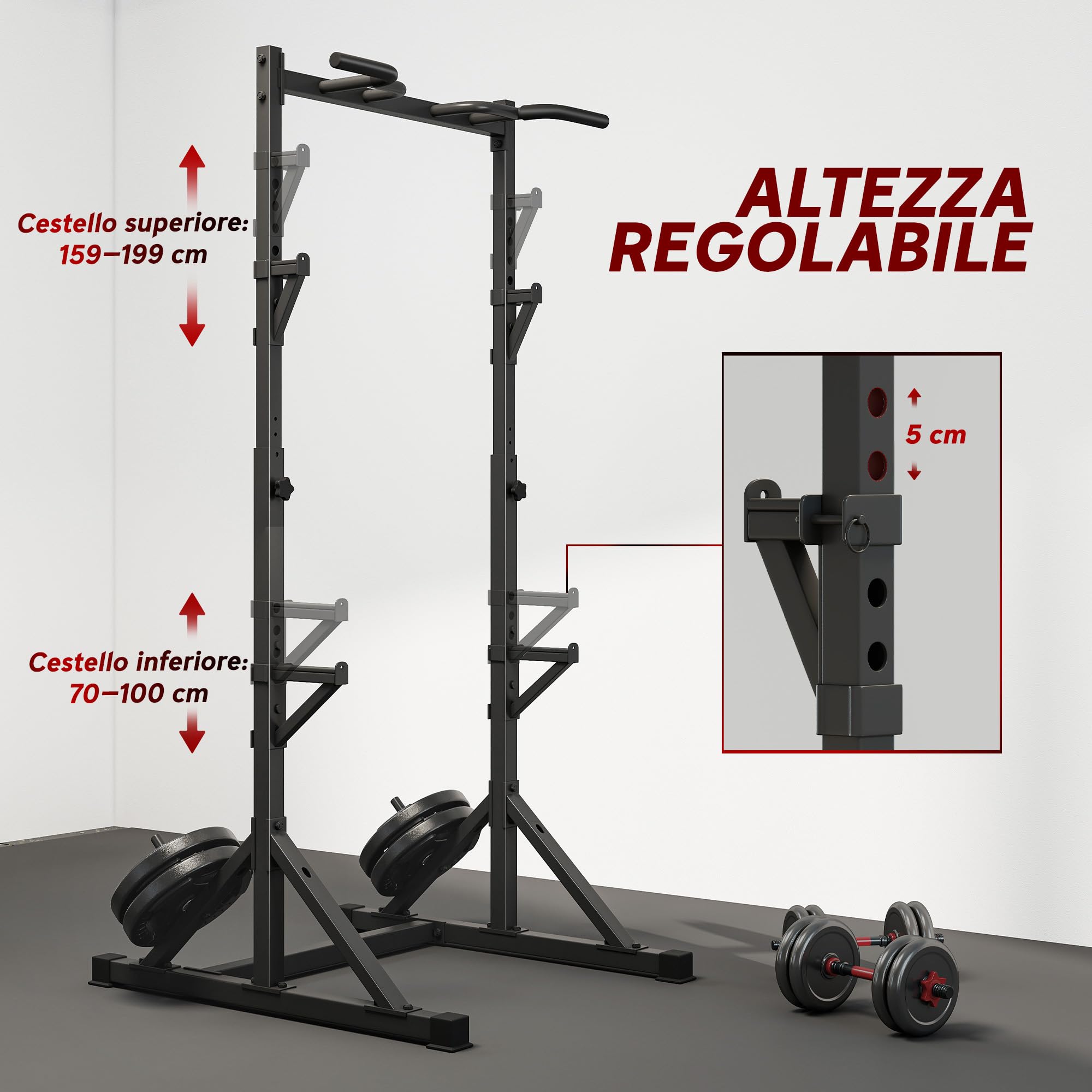 SPORTNOW Power Tower con Altezza Regolabile, Doppio Supporto Bilanciere, Rack Palestra con Pull Up Bar e Portadischi, Rack Bilanciere Multifunzione Allenamento per Palestra Casa Ufficio, Max 200 KG