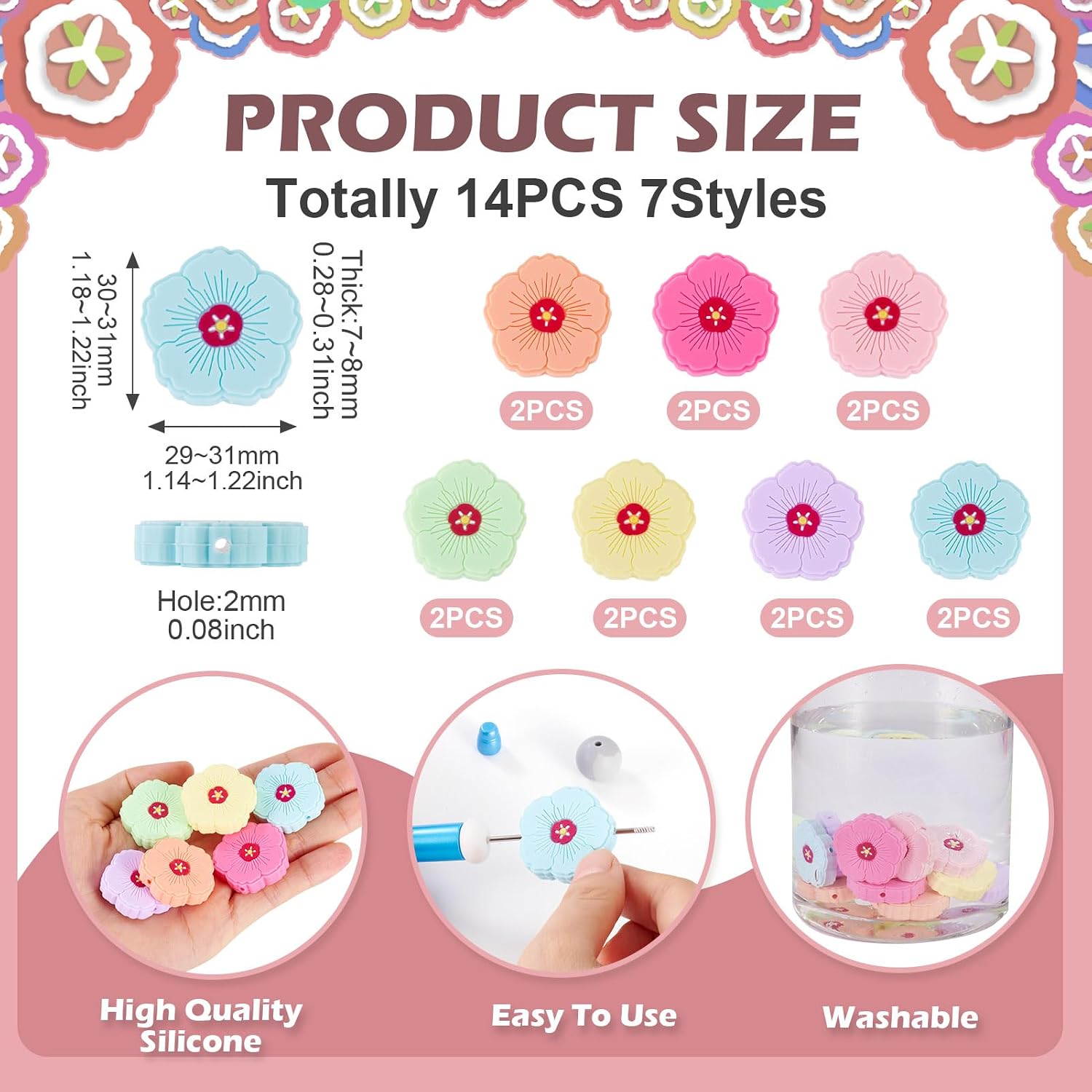 FASHEWELRY 14Pcs Silicone Focal Beads for Pens, Cute Flower Silicone Beads Rubber Loose Bead for Keychain Necklace Bracelet Lanyard Making Accessories DIY Handicrafts image 5