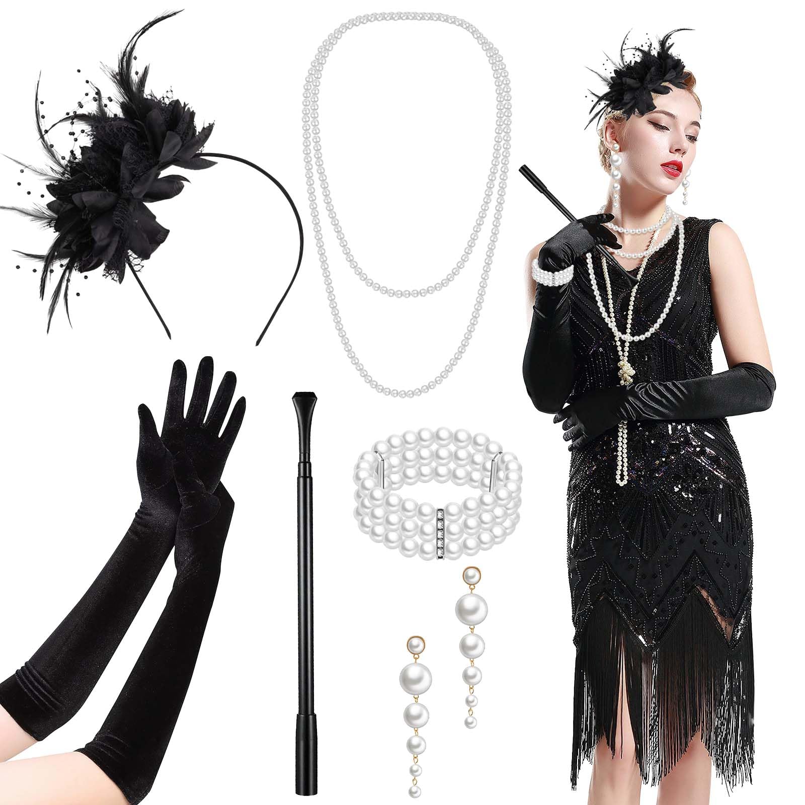 Glirop 6PCS 1920s Flapper Accessories Set, Fashion Roaring 20's Costume Set with Pearl Earrings Feather Headband Bracelet Necklace Gloves Handheld Props for Women Ladies Cosplay Theme Party