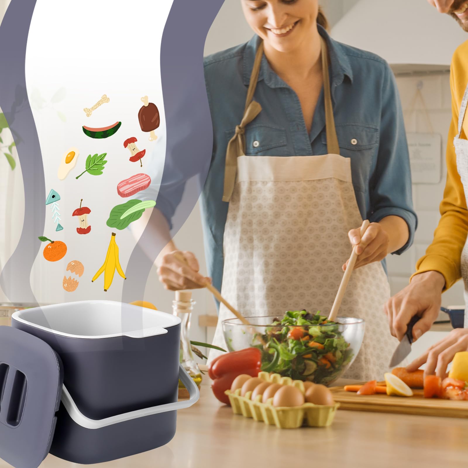 Pattumiera biologica da cucina 4 litri per rifiuti biologici quotidiani con coperchio, antiodori, inserto interno rimovibile, facile da pulire (viola chiaro)
