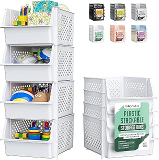 TidyFriend by Skywin 4-Pack Stackable Pantry Storage Bins - Open Front White Organizers for Kitchen, Food, Bathroom Essentials