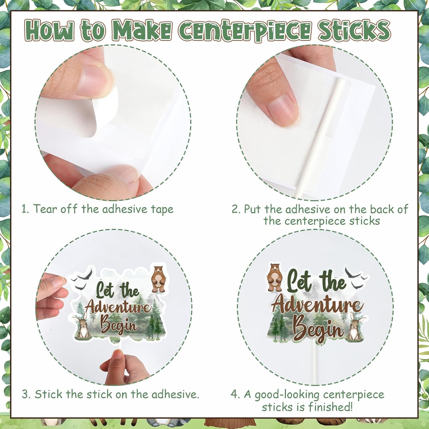 Jollyboom Woodland Baby Shower Decorations Boy Girl, 24pcs Let The Adventure Begin Centerpiece Table Decoration, Double-Sided Forest Animals Centerpieces Stick for Adventure Awaits Party Decorations