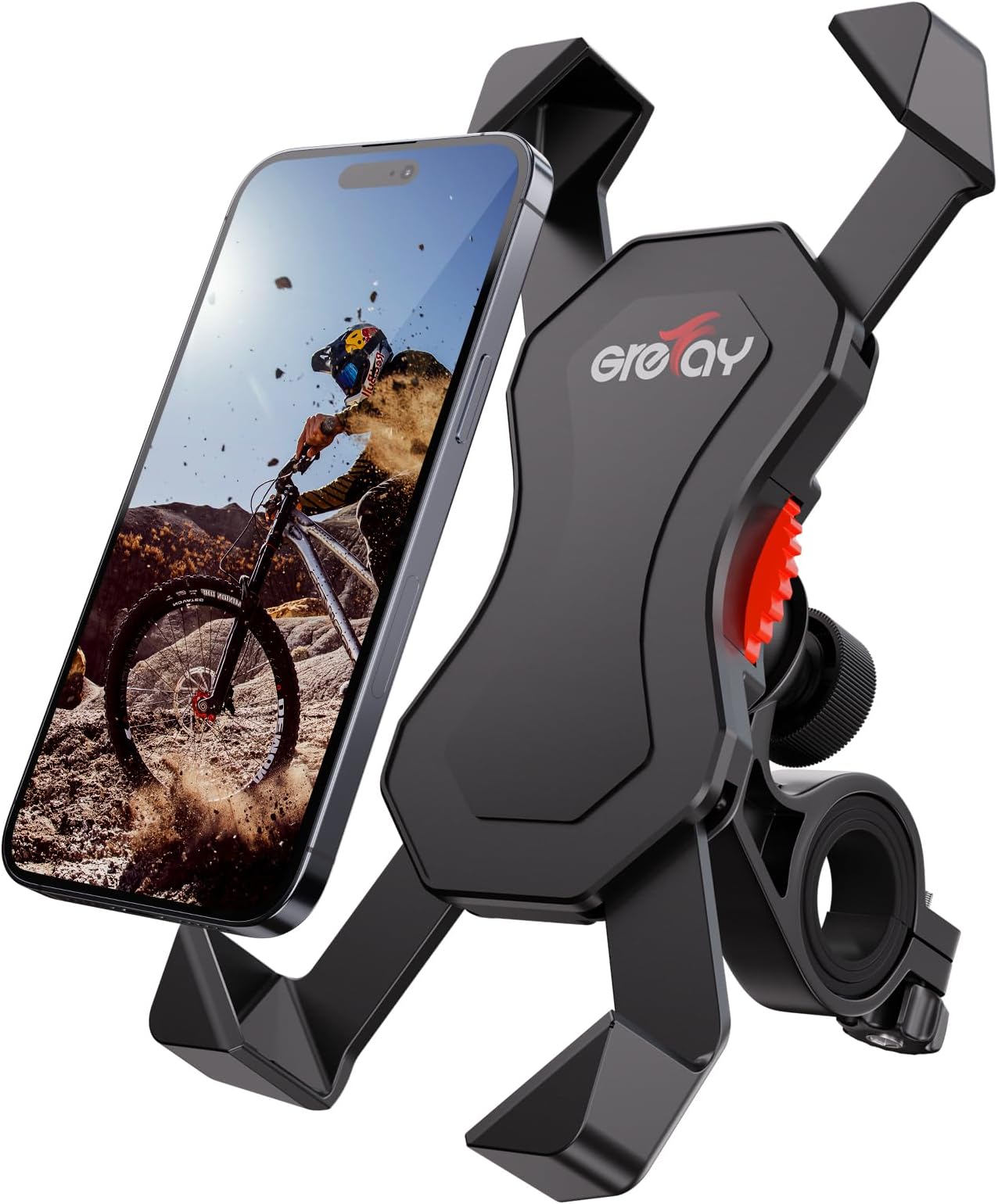 GREFAY Bike Phone Holder Motorcycle Phone Holder 360-Degree Rotatable Motorcycle Bicycle Handlebar Clamp for iPhone 16 15 14 Pro Max Plus, 13 12 11 Pro Max Mini, Xs XR X, SE, 3.5-6.5" Smartphone