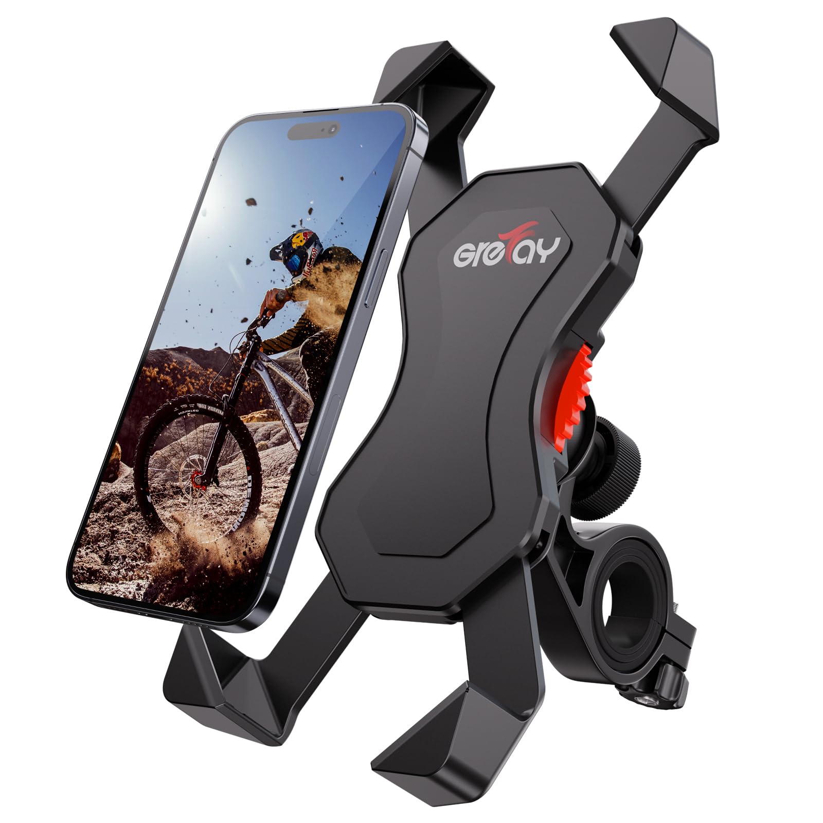 Grefay Bike Phone Holder Motorcycle Phone Holder 360-Degree Rotatable Motorcycle Bicycle Handlebar Clamp for iPhone 14 Pro Max Plus, 13 12 11 Pro Max Mini, Xs Max, XR X, SE, 3.5-6.5" Smartphone