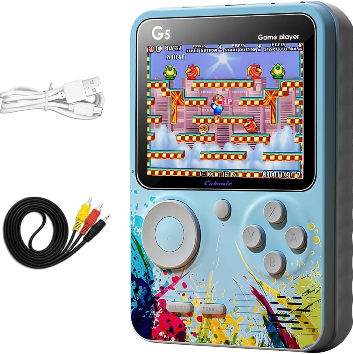 G5 Retro Handheld Game Console, 3 Inch LCD Screen, 1020mAh Rechargeable Battery, TV Output, 500+ Classic Games Preloaded, with USB and AV Cables, Perfect for Kids Entertainment (Blue)