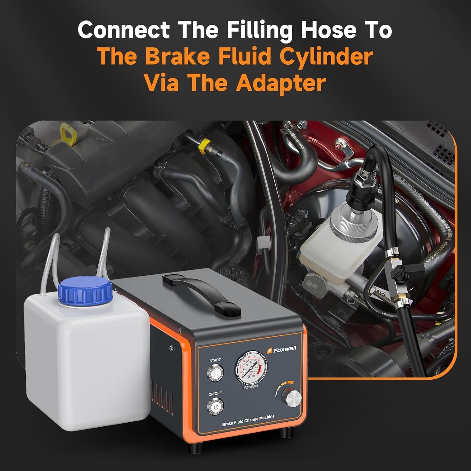 FOXWELL Master Cylinder Bleeder Adapter connected to a brake fluid cylinder with a filling hose.