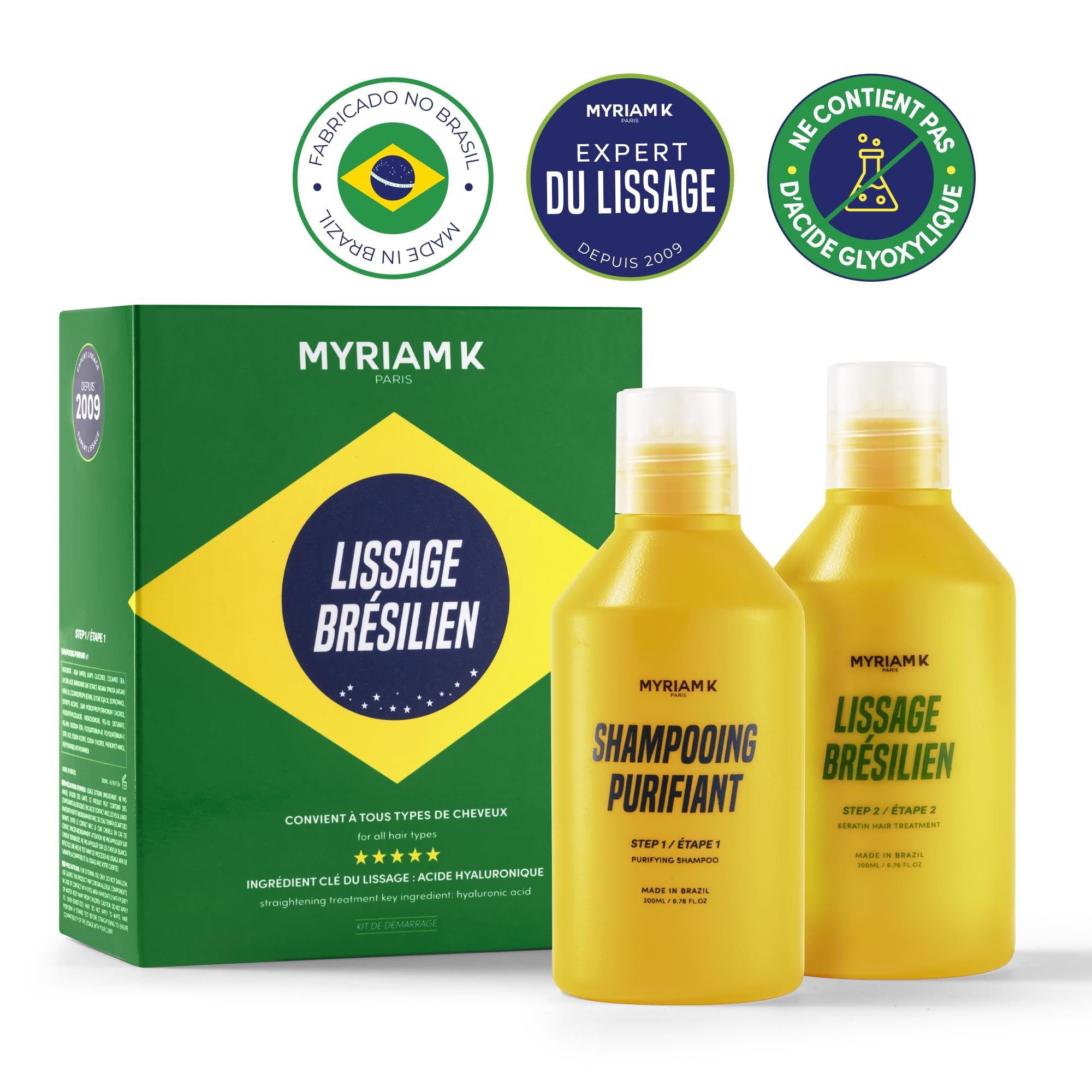 MYRIAM K PARIS – Kit de Lissage Brésilien 2x200ml – Soin Lissant à la Kératine – Anti-Frisottis & Brillance Intense – Sans Acide Glyoxylique – Pour Cheveux Bouclés, Frisés, Ondulés ou Raides