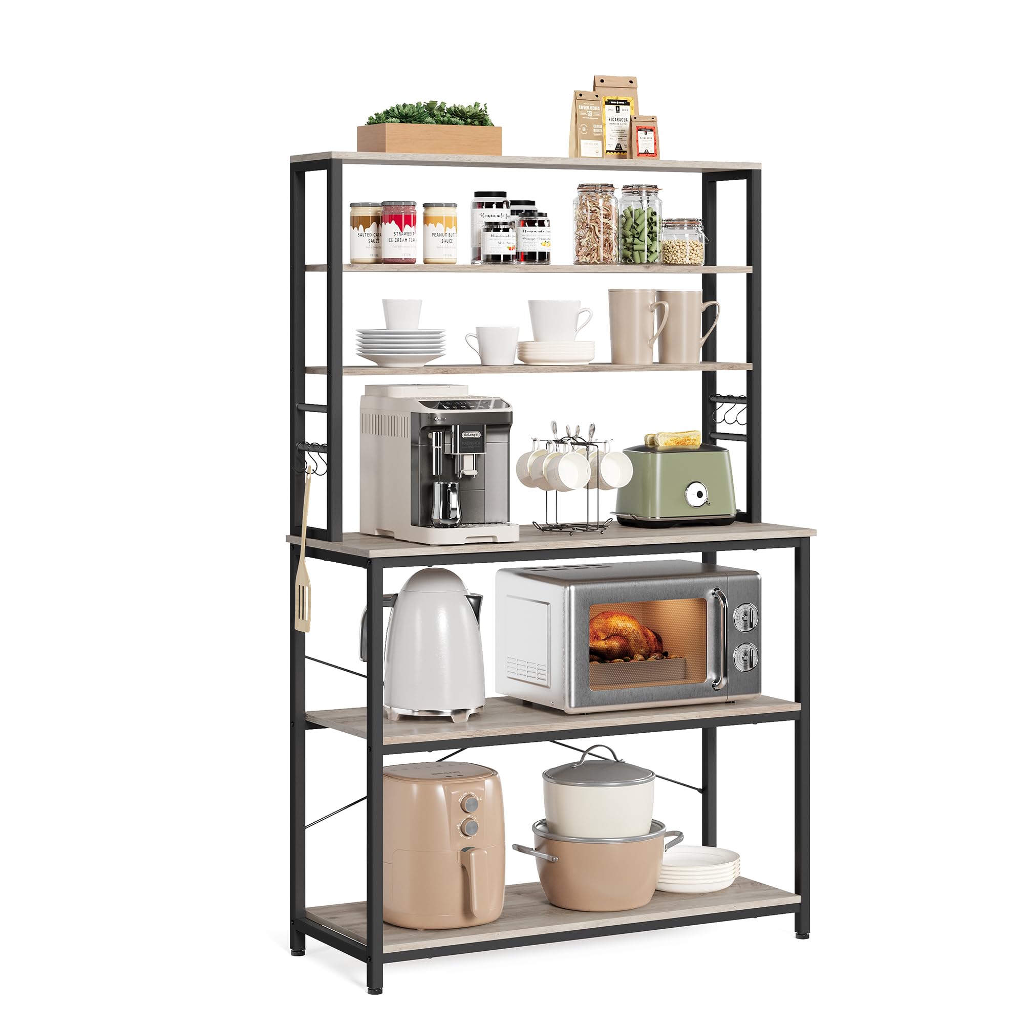 VASAGLE Kitchen Storage Rack, Coffee Bar, Baker's Rack, Total 6 Shelves and 6 Hooks, for Microwave, Steel Frame, Industrial, 40 x 100 x 167 cm, Heather Greige and Ink Black KKS039K02