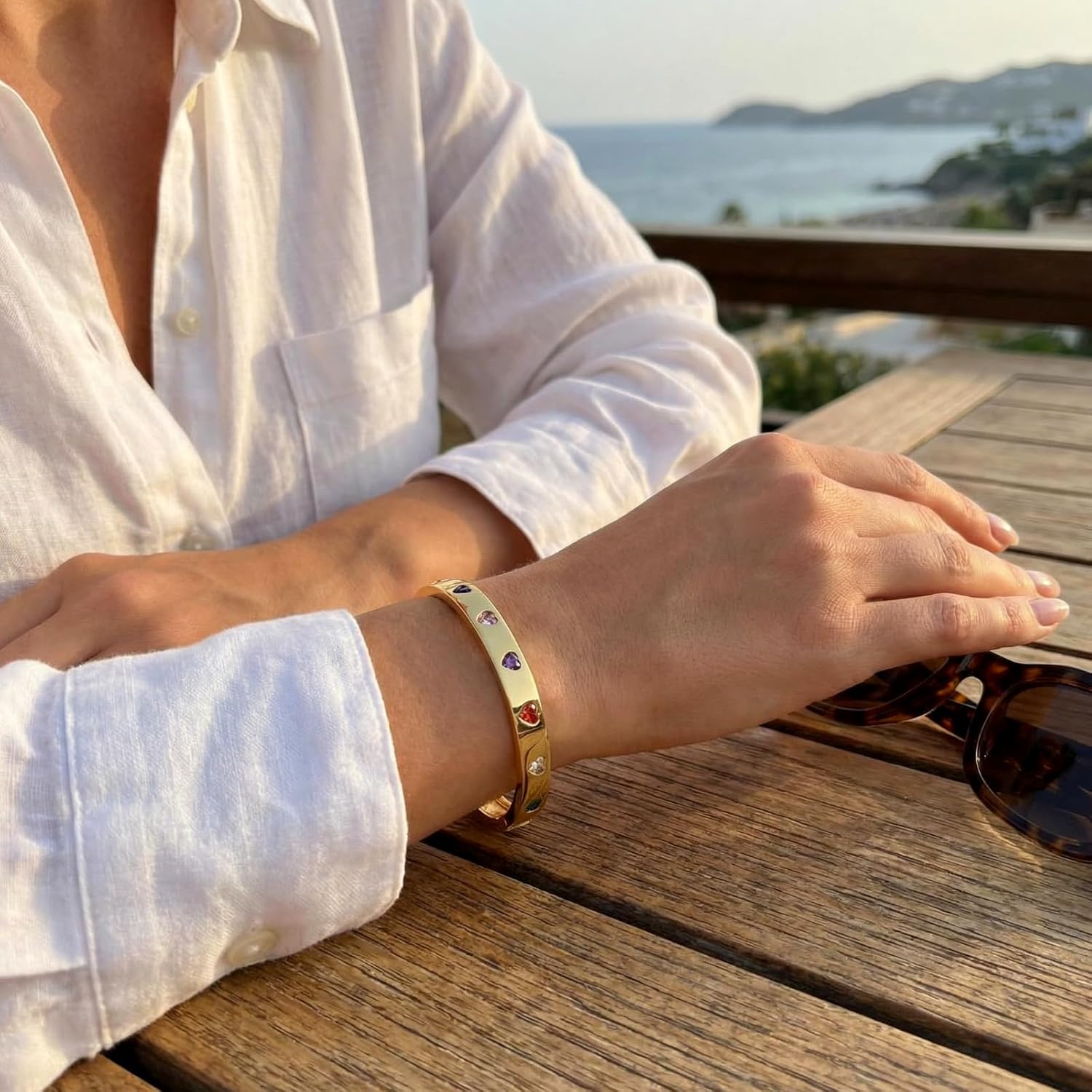 Gold Bracelets for Women, Gold Plated Bangle Rainbow Heart Cubic Zirconia Bracelet Trendy Jewelry Non Tarnish Love Bracelet for Women Bangles Accessories Designer Jewelry