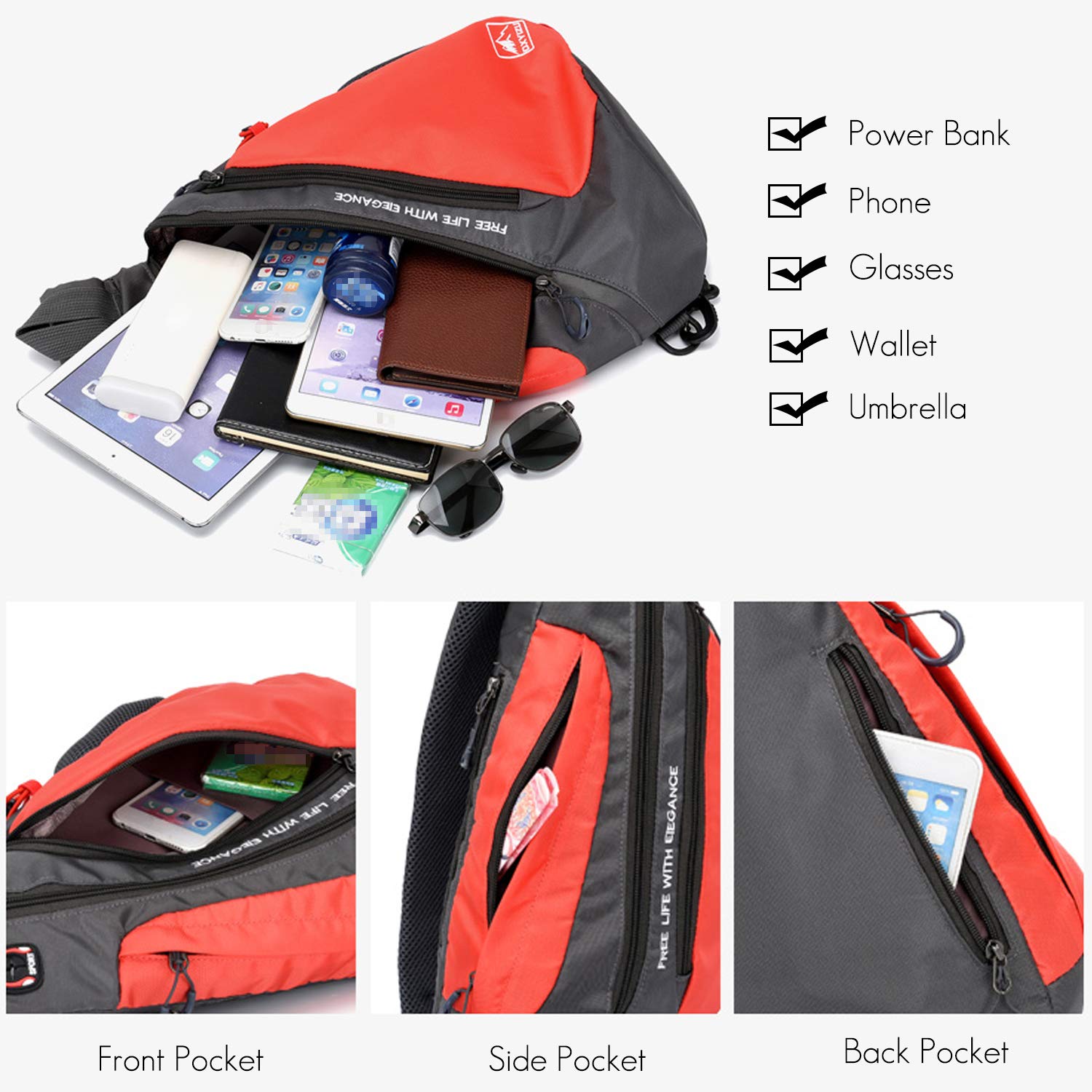 FANDARE Léger Sac de Poitrine Sling Bag Sacoche Bandoulière pour Homme Femme Durable Polyester