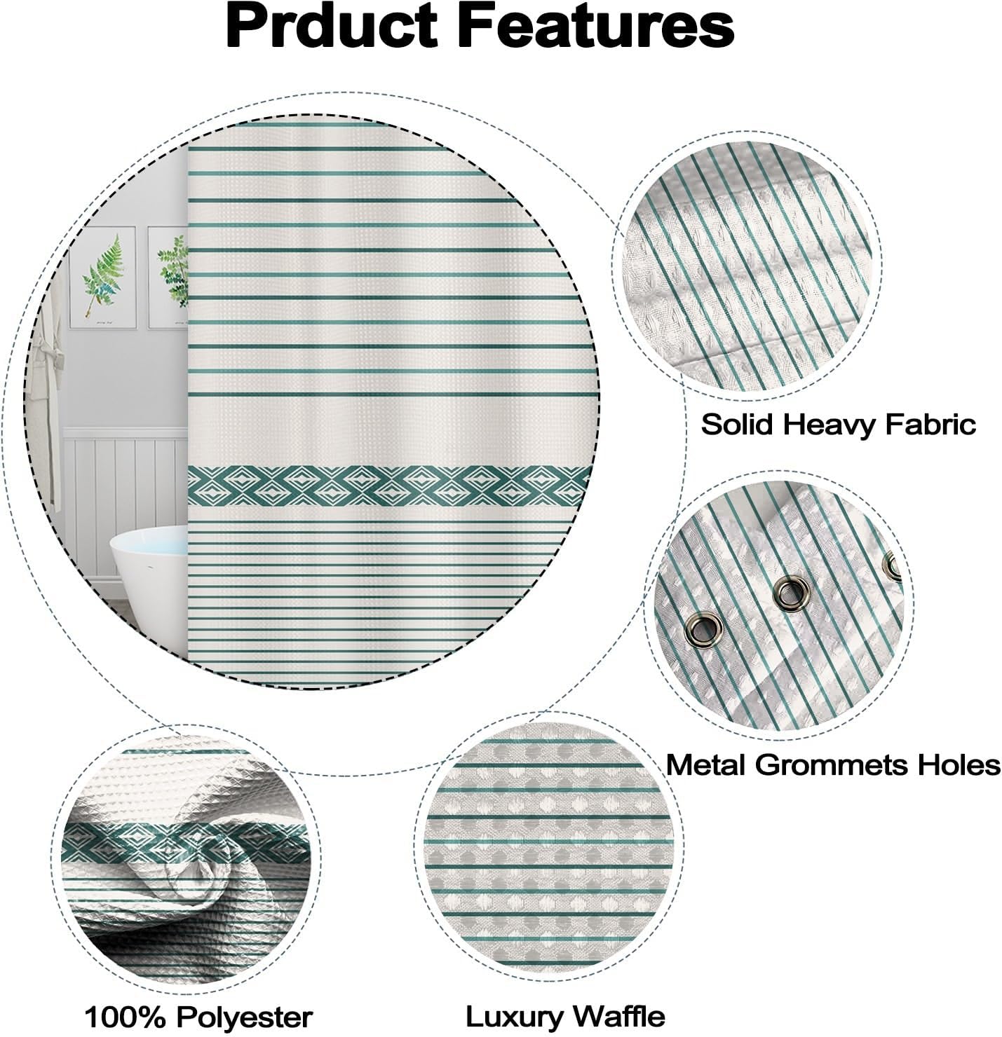 Teal Green Shower Curtain for Bathroom Boho Striped Lines Waffle Fabric Shower Curtain Set with Hooks Modern Farmhouse Waterproof Curtains 72x72inches