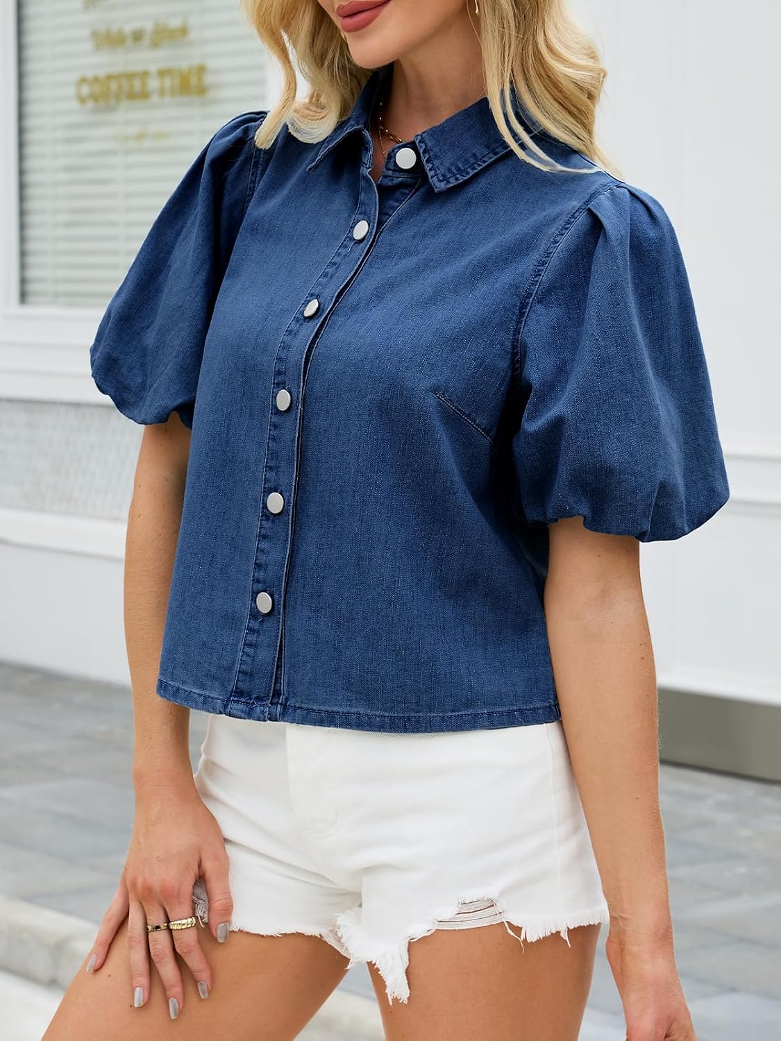 LifeShe Puff Short Sleeve Denim Shirt for Women Button Down Jean Blouses Summer Light Chambray Tops