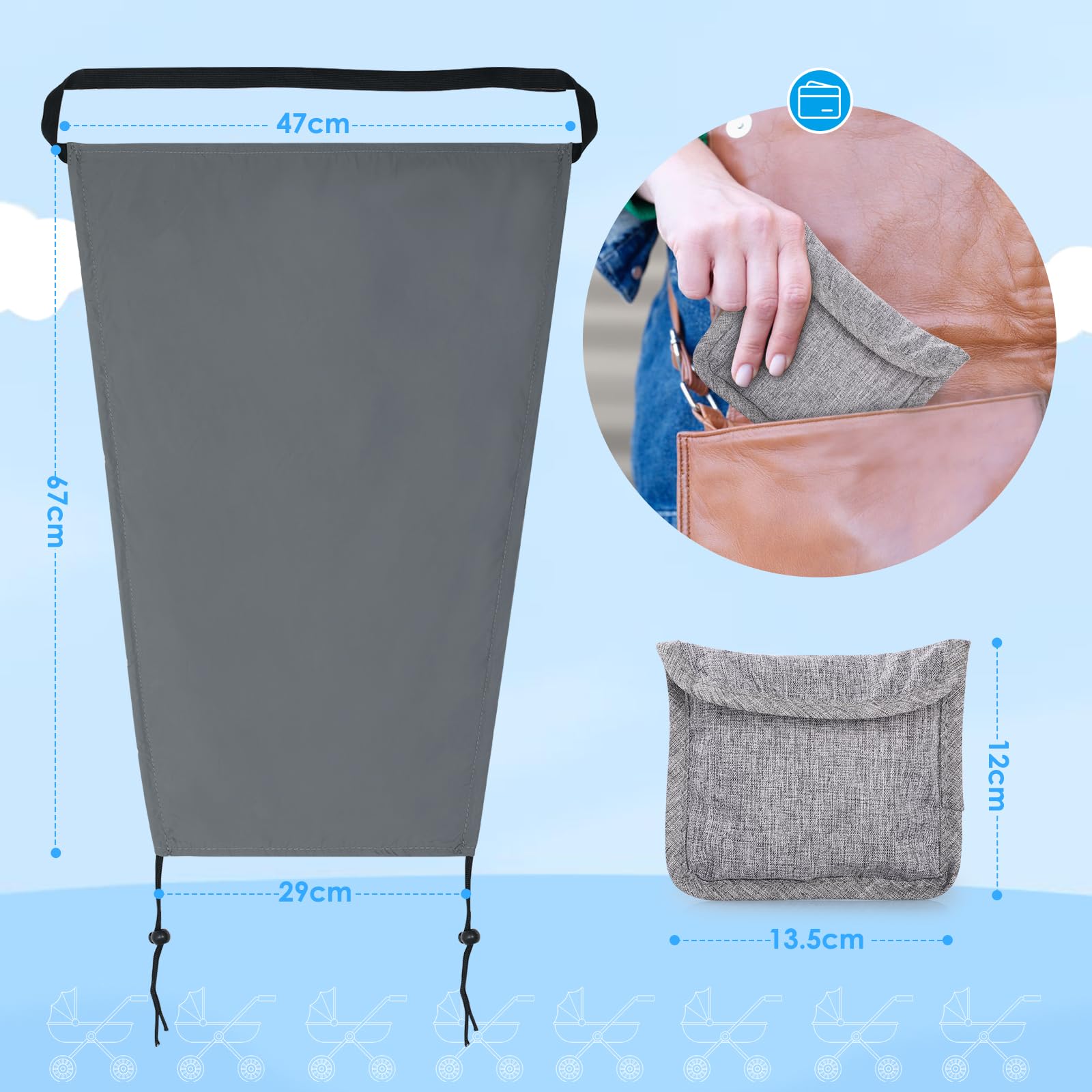 Bighan Pram Sun Shade Sunshade Cover Windproof and Waterproof Buggy Sun Shade for Baby Stroller Grey - Image 3