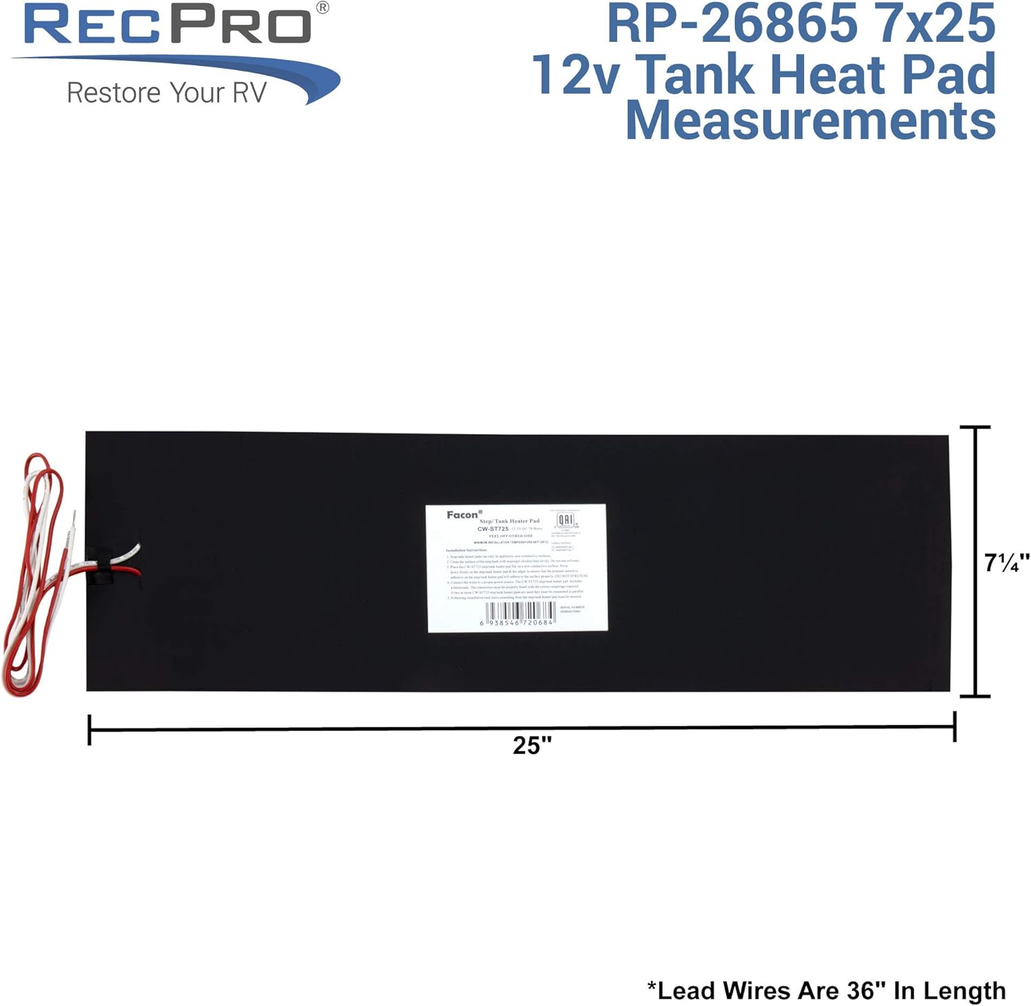 RecPro RV Tank Heater Pad | 7 1/4" x 25" | Fresh Water | Gray Water | Holding Tank | Up to 50 Gallons | 12V | with Optional Toggle Switch (3 Pads, No Toggle Switch)