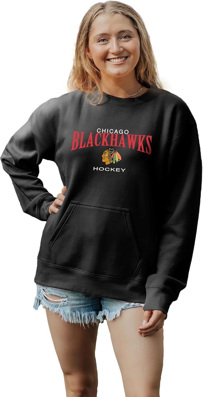 Blue 84 Women's NHL Officially Licensed Pocket Crewneck Sweatshirt Embroidery Alternate Color