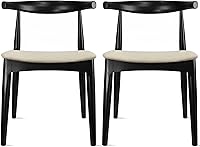 Vista 1 de 2xhome Juego de 2 sillas de comedor de madera maciza Asiento acolchado tapizado de lino beige Silla lateral moderna estilo codo de granja Negro