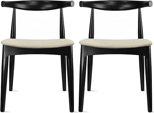 2xhome Juego de 2 sillas de comedor de madera maciza | Asiento acolchado tapizado de lino beige | Silla lateral moderna estilo codo de granja | Negro