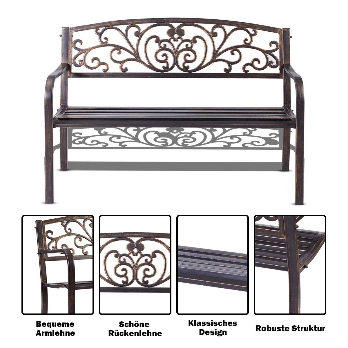 GOPLUS Tuinbank, metaal, 127 cm, zitbank, outdoor, 2-zits, tot 300 kg belastbaar, metalen bank, balkonbank met rugleuning en armleuning, parkbank, terrasbank voor tuin, erf, veranda, rood
