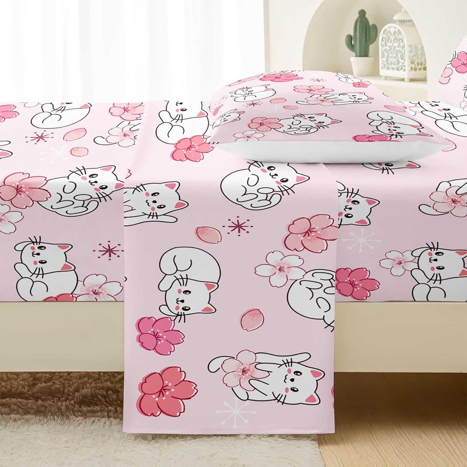 QOOMO Kawaii Cats Kids Sheets Twin Size,Sakura 16" Deep Pocket Bed Sheet Set,Floral Cats Printed Bedroom Decor Bedding Set Soft and Breathable for Boys/Girls/Kids/Teens