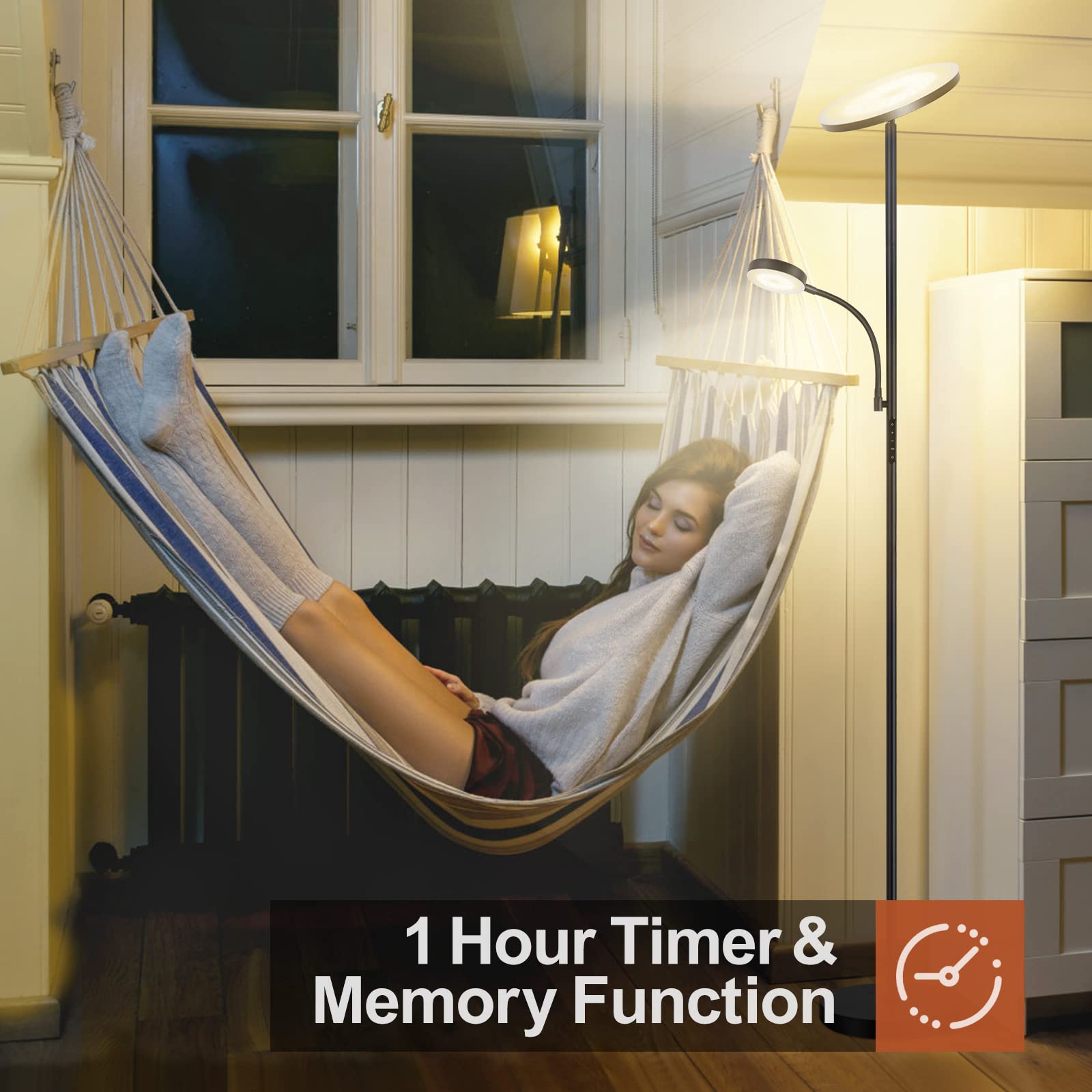 OUTON Lámpara de Pie LED, 34W, Regulable, con 6 Modos,3000-6000K con Control Remoto y Táctil y Temporizador de 1 Hora, de Salón de Lectura para Dormitorio, Oficina, Negro