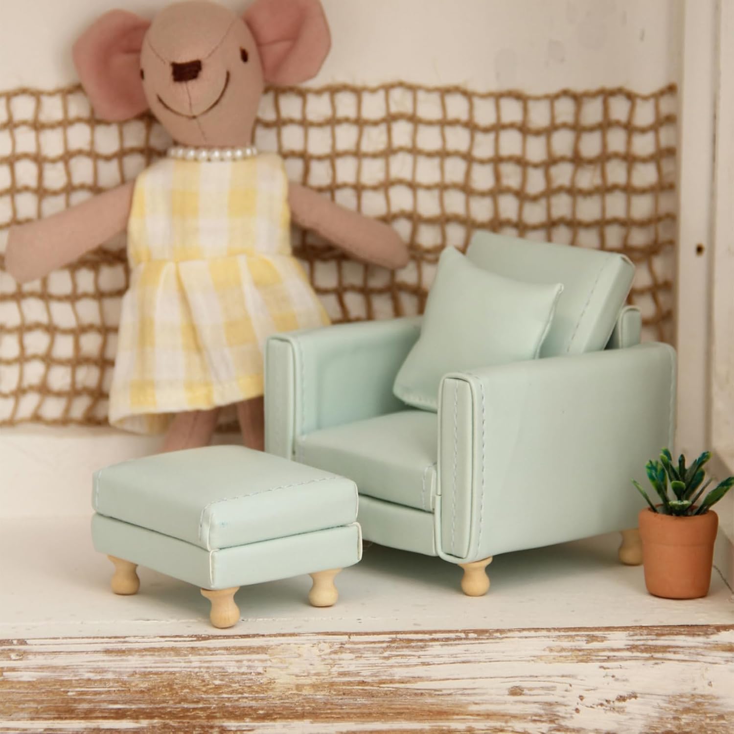 1:12 Scale Modular Detachable Miniature Sofa Set with Ottoman Brown PU Leather Sectional Dollhouse Couch, Flexible Layout Furniture Fits 6-9 Inch Dolls & 1/12 BJD Dolls for Doll Living Room Decor